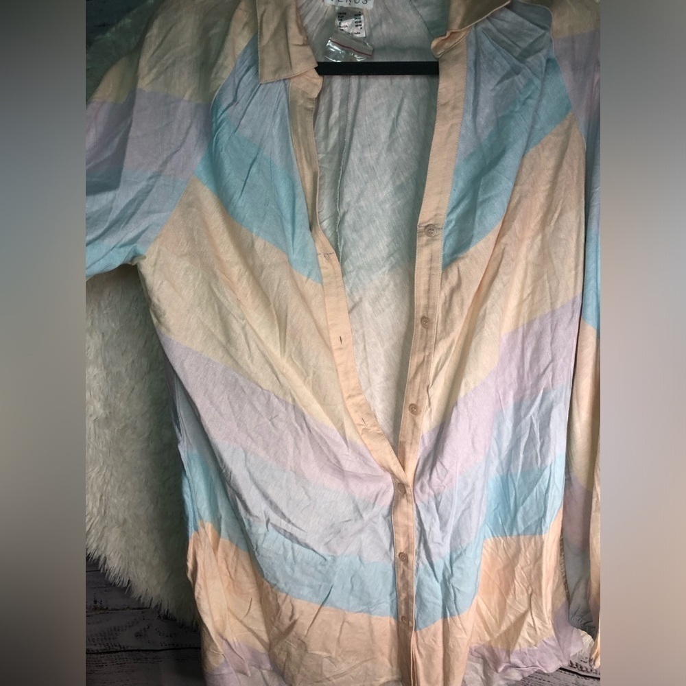 VENUS Cream Blue and Purple Linen Shirt Dress Coverup size Small NWOT - Picture 5 of 12